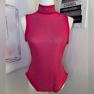 Pink Sequin Embellished Sheer Mesh Sleeveless Bodysuit Size Large